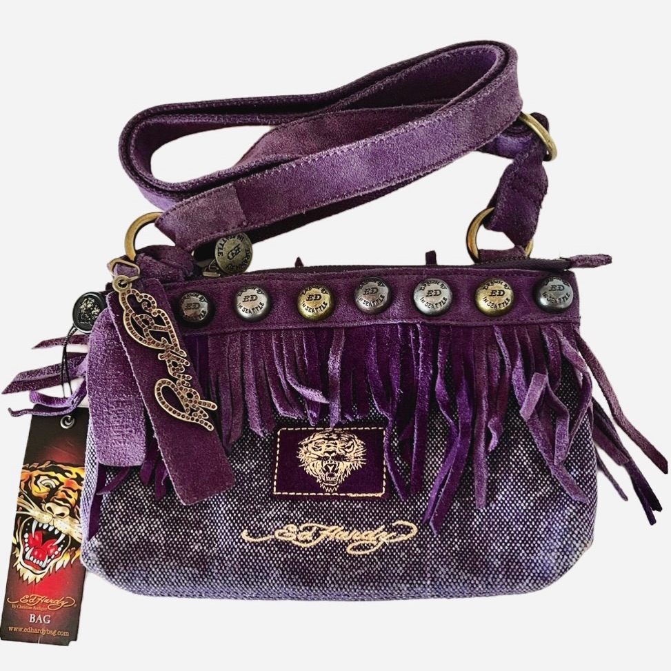 Nwt Vtg Ed Hardy “Seattle”Purple Suede Fringe Crossbody Christian Audigier Rare
